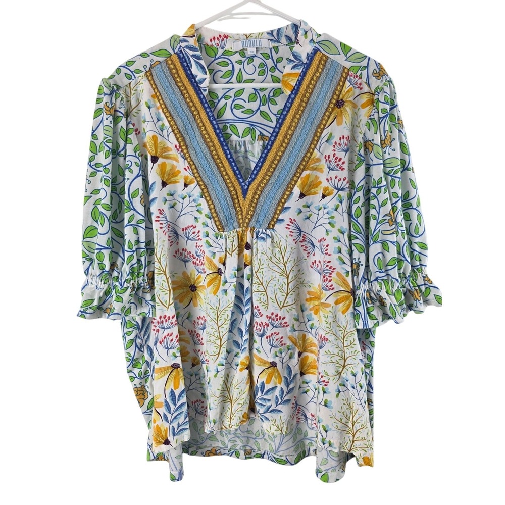 Bunulu Art To Wear Top 3x Womens Plus Size Geometric Print Multicolor V Neck